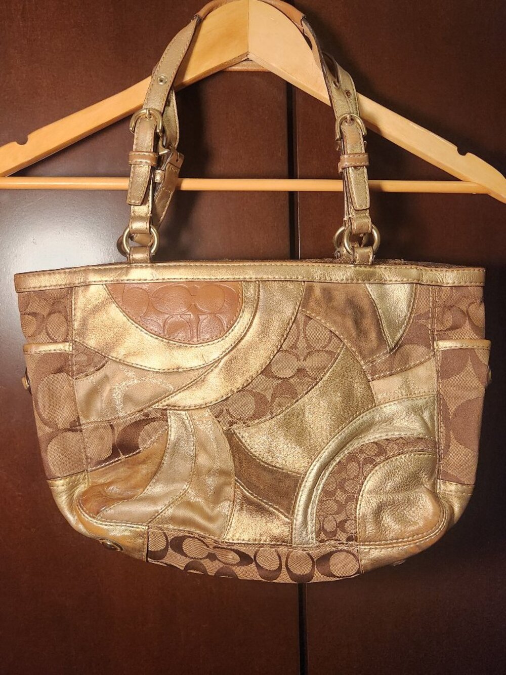 Coach Gold and Brown Patchwork Signature Shoulder Bag